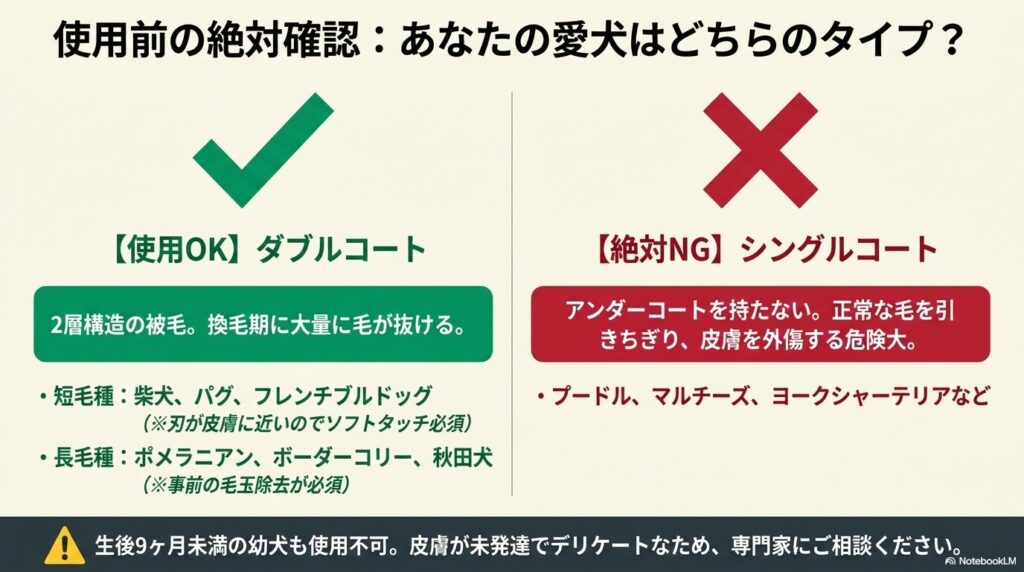 ダブルコートの犬種には使用可能で、シングルコートの犬種には絶対に使用してはいけないことを示す図