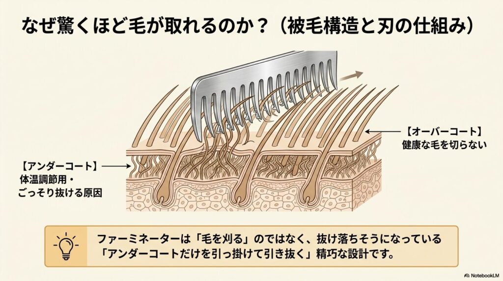 ファーミネーターが健康なオーバーコートを切らずに、抜け落ちそうなアンダーコートだけを引き抜く仕組みの図解