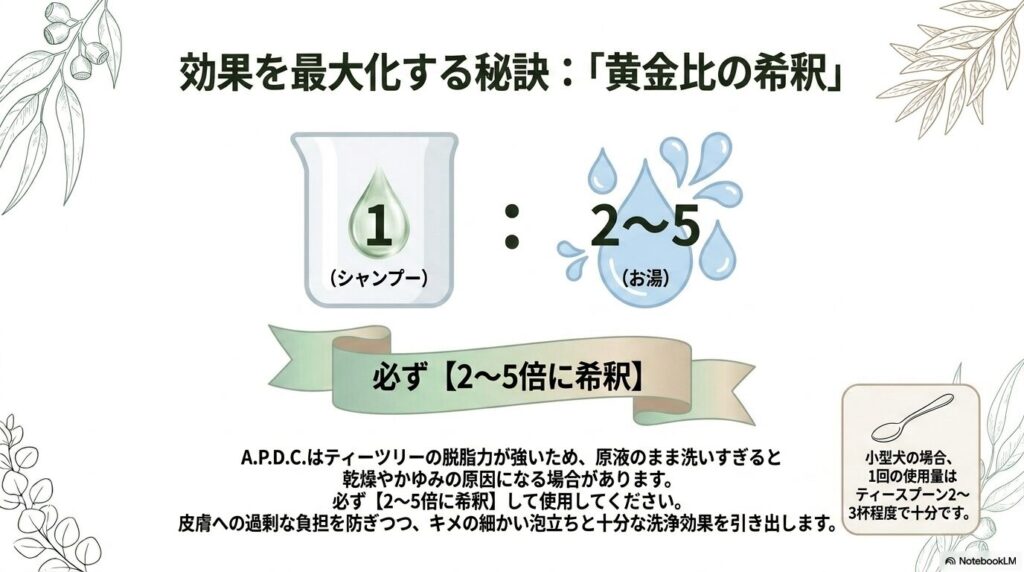 効果を最大化する秘訣。シャンプー1に対してお湯2〜5倍の黄金比で希釈し、皮膚への負担を防ぎます。