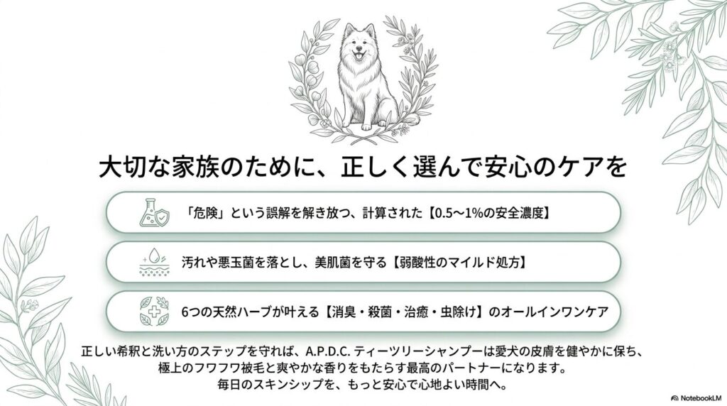 大切な家族のための安心ケア。安全濃度、マイルド処方、6つのハーブ、正しい希釈などAPDCティーツリーシャンプーの総まとめ。