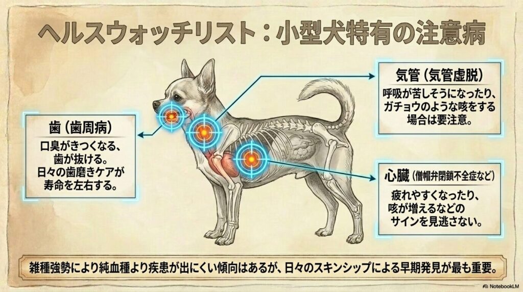 パピチワの平均寿命（12〜15歳目安）と健康管理まとめ。パテラ（膝蓋骨脱臼）の予防策、気管虚脱や心臓疾患への注意、適度な運動と食事について