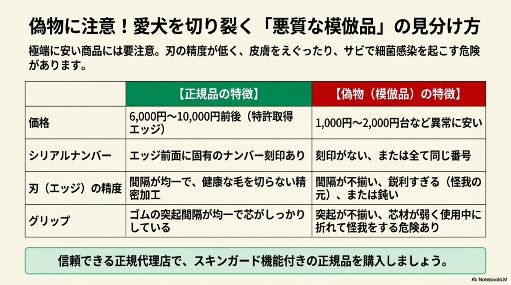 価格、シリアルナンバー、刃の精度、グリップにおける、ファーミネーターの正規品と悪質な模倣品の違いをまとめた表