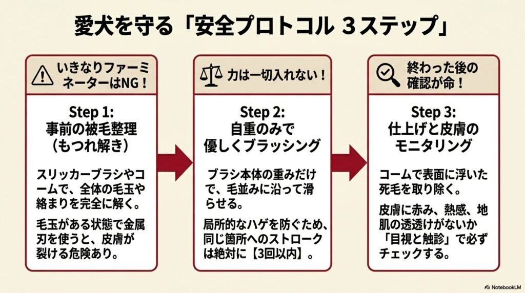 事前の被毛整理、自重のみでのブラッシング、皮膚のモニタリングという、ファーミネーター使用時の安全プロトコル3ステップ