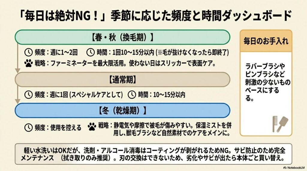 換毛期、通常期、乾燥期ごとのファーミネーターの推奨使用頻度と時間、およびメンテナンス方法をまとめたダッシュボード