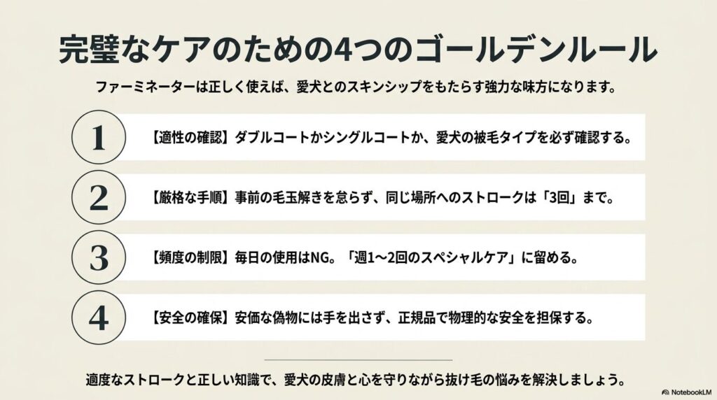 適性の確認、厳格な手順、頻度の制限、安全の確保という、ファーミネーターを正しく使うための4つのルール