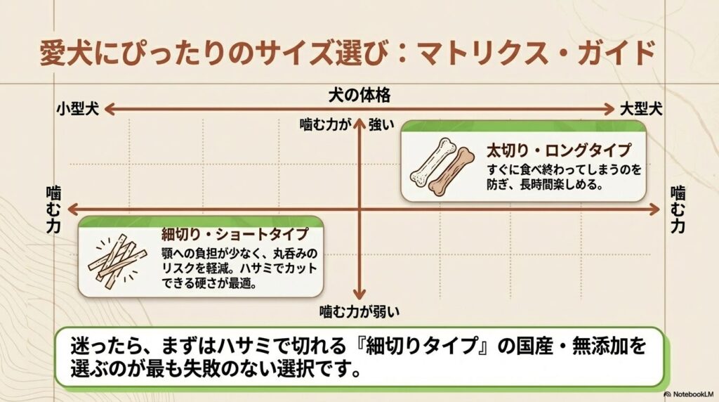 愛犬の体格と噛む力に合わせた馬アキレスの選び方マトリクス
