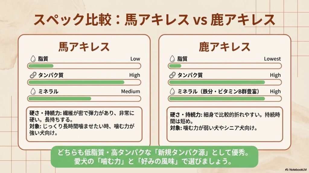 馬アキレスと鹿アキレスのスペック比較表（脂質、タンパク質、ミネラル、硬さと対象犬）