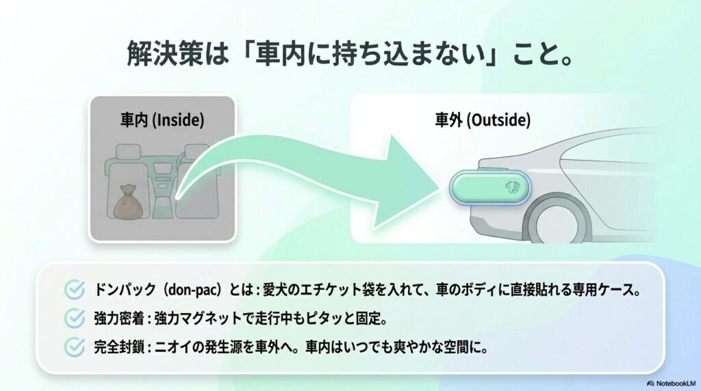 ニオイの発生源であるエチケット袋を車外に貼って封鎖するドンパックの図解