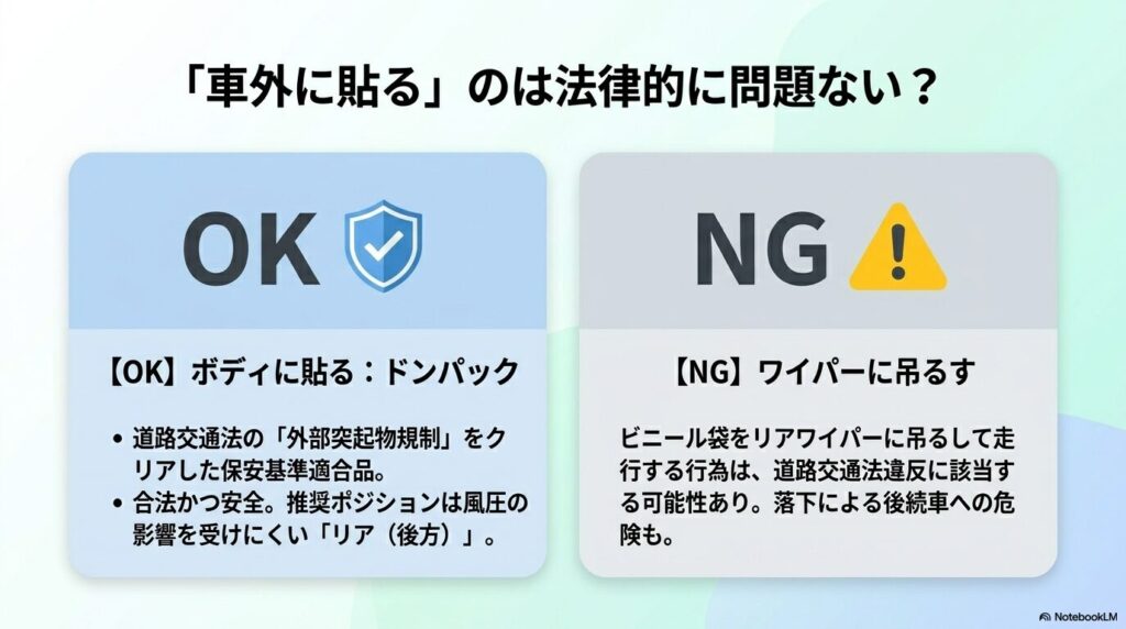 車体に貼るのは合法、ワイパーに吊るすのは違反の可能性があることを示す図解