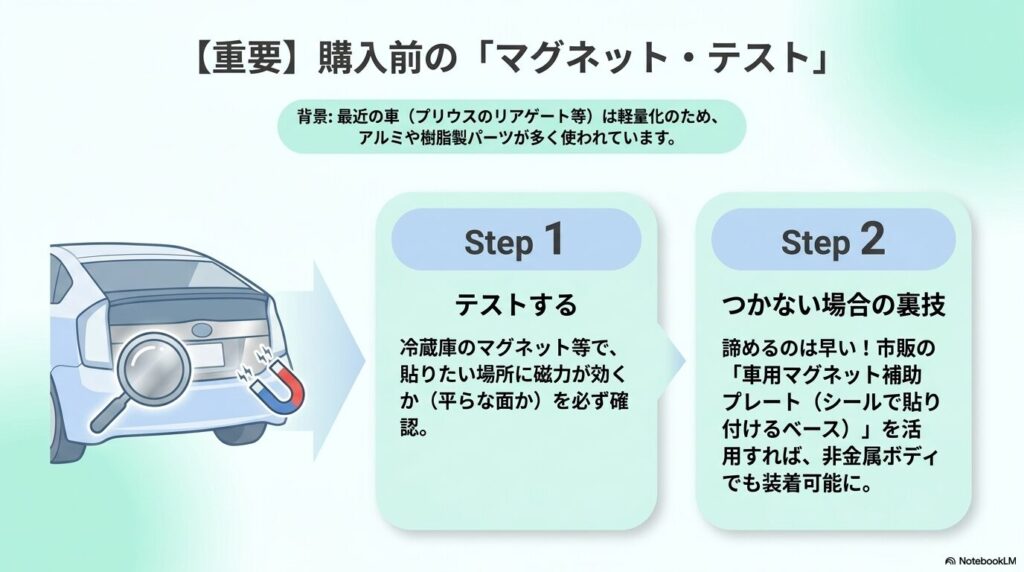 車のボディにマグネットがつくか事前テストを促すイラスト