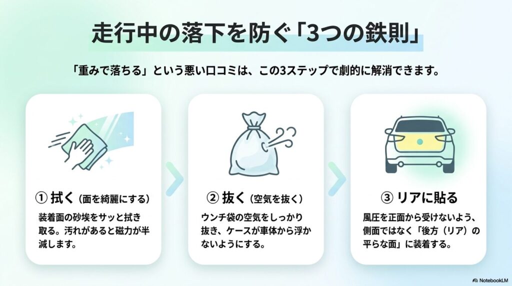 拭く、空気を抜く、リアに貼るというドンパック落下防止の3ステップ