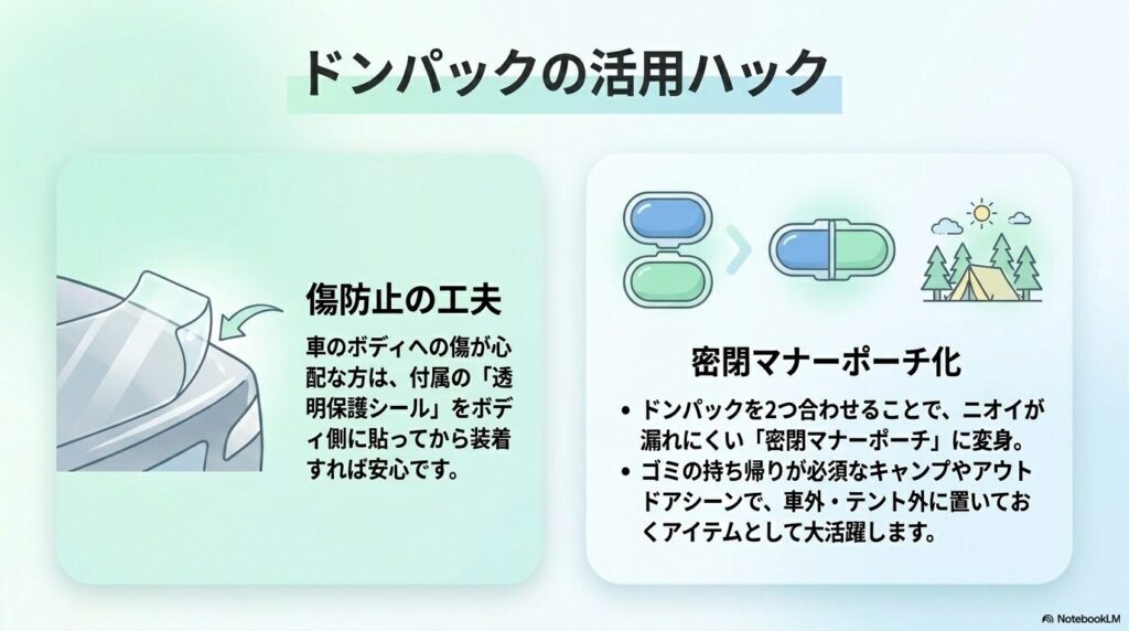 透明保護シールを使った傷防止と、ドンパックを2つ合わせた密閉マナーポーチ化のアイデア