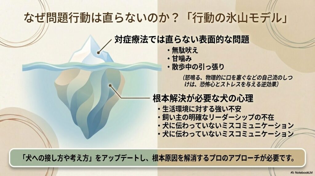 犬の問題行動が直らない根本原因を示す行動の氷山モデル