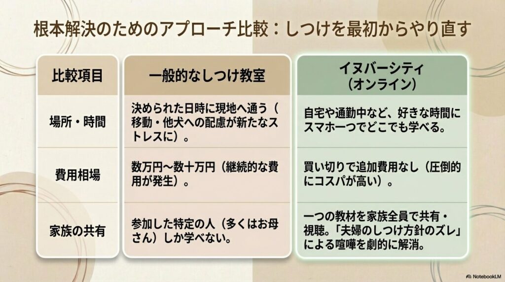 一般的なしつけ教室とオンライン教材イヌバーシティの比較