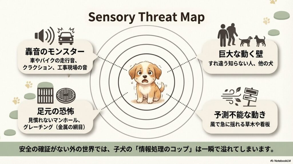 子犬が散歩中に恐怖を感じる音や動くものなどの感覚マップ