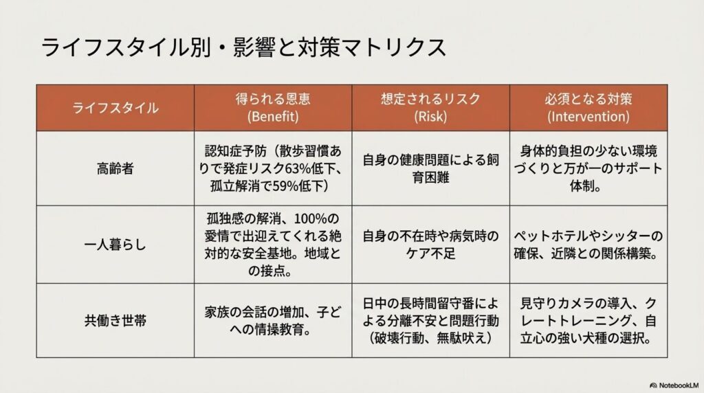 高齢者、一人暮らし、共働き世帯における、犬を飼うことで得られる恩恵、想定されるリスク、必須となる対策をまとめた一覧表。
