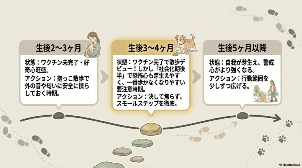 生後2ヶ月から5ヶ月以降までの子犬の月齢別散歩のポイント
