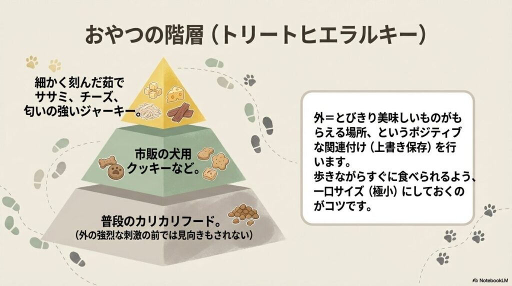 散歩中に子犬の気を引くための匂いの強いおやつ選びの階層