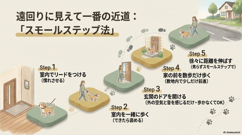 室内でリードをつけることから始める散歩デビューのスモールステップ法