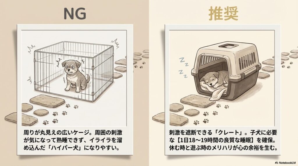 刺激を遮断できるクレートと丸見えのケージの睡眠環境比較