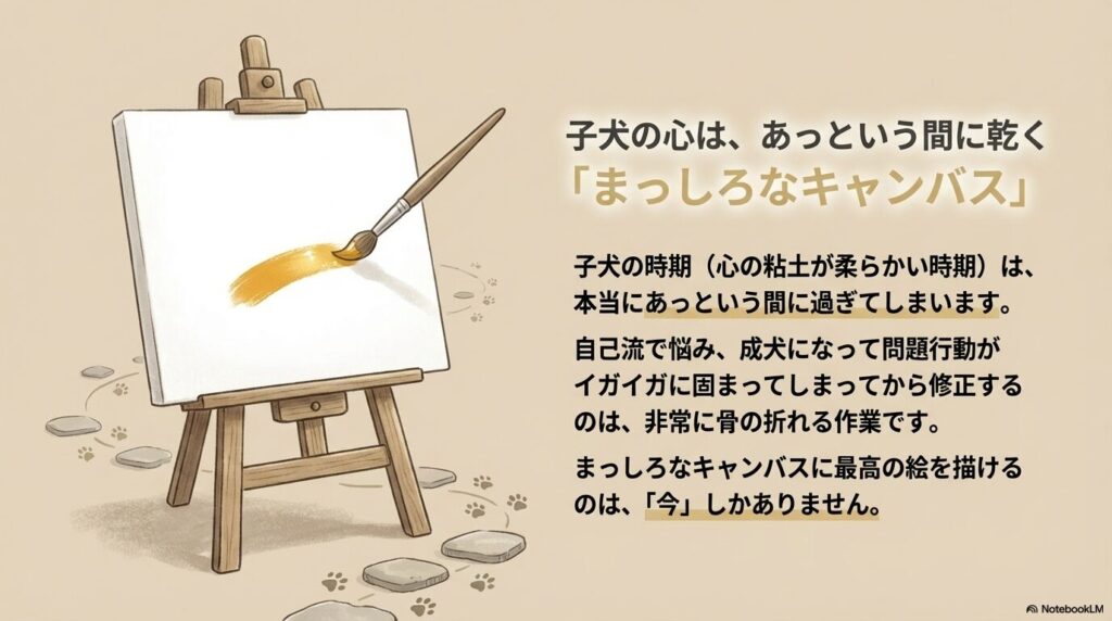子犬の心はあっという間に乾くまっしろなキャンバスというイメージ図