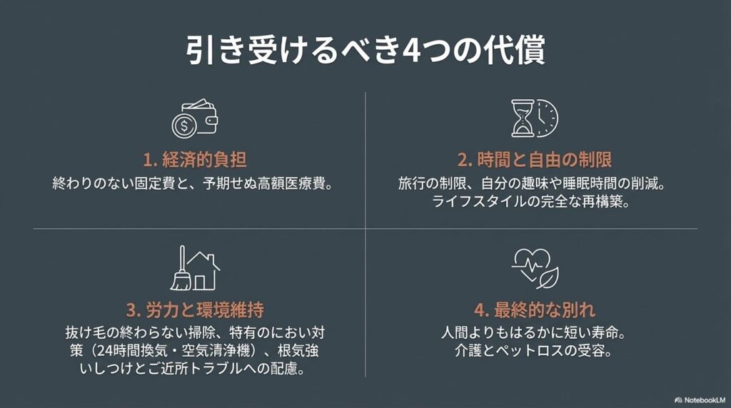 犬を迎えることで引き受けるべき4つの代償。経済的負担、時間と自由の制限、労力と環境維持、最終的な別れについて。