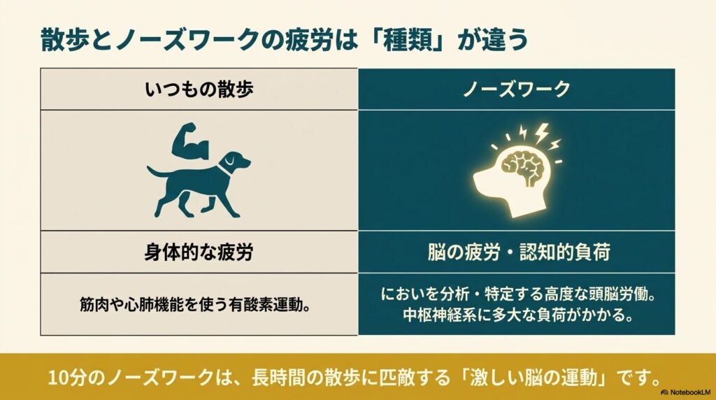 いつもの散歩による身体的な疲労と、ノーズワークによる脳の疲労・認知的負荷の違いの比較表