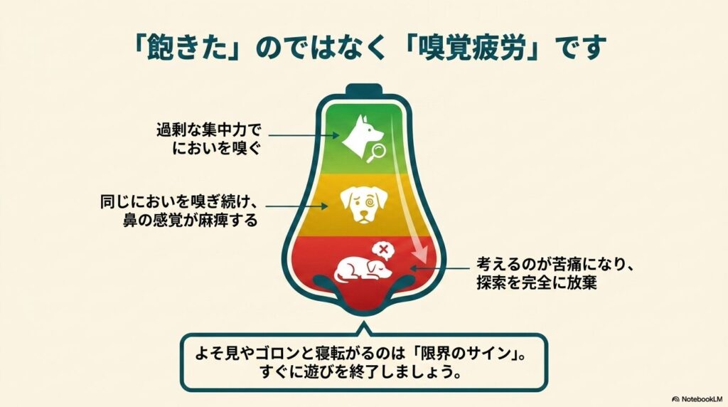 長時間のにおい嗅ぎで鼻の感覚が麻痺し、探索を放棄してしまう嗅覚疲労の仕組みを図解したバッテリーのイラスト