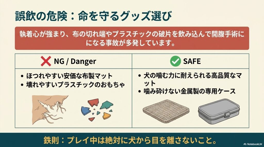 誤飲の危険があるNGグッズ（安価な布やプラスチック）と、安全なSAFEグッズ（丈夫なマットや金属ケース）の比較