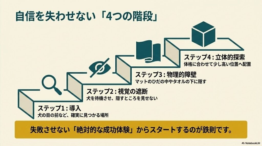 自信を失わせないためのノーズワーク難易度設定の4つのステップ（導入、視覚の遮断、物理的障壁、立体的探索）