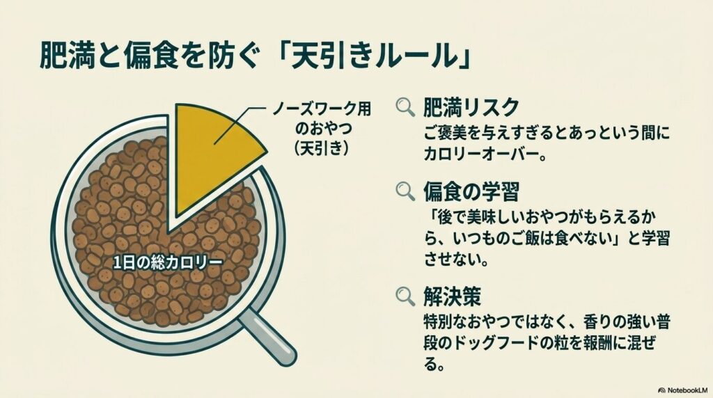 1日の総カロリーからノーズワーク用のおやつ分をあらかじめ差し引く「天引きルール」を説明するフードボウルのグラフ