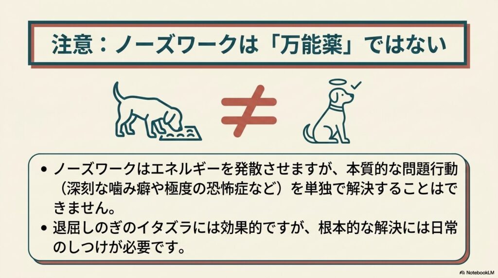 ノーズワークは本質的な問題行動を単独で解決する万能薬ではないことを示すイラスト