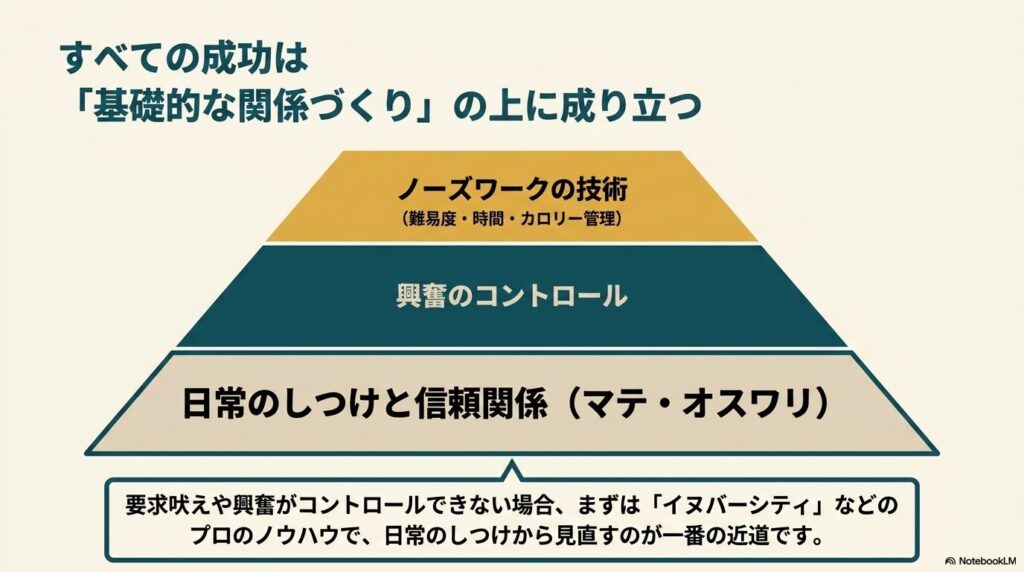 ノーズワークの技術や興奮のコントロールは、日常のしつけと信頼関係という土台の上に成り立つことを示すピラミッド図
