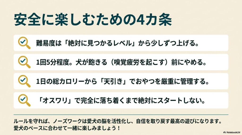 ノーズワークを安全に楽しむための4つの基本ルール（難易度、時間、カロリー管理、スタートの条件）をまとめたチェックリスト