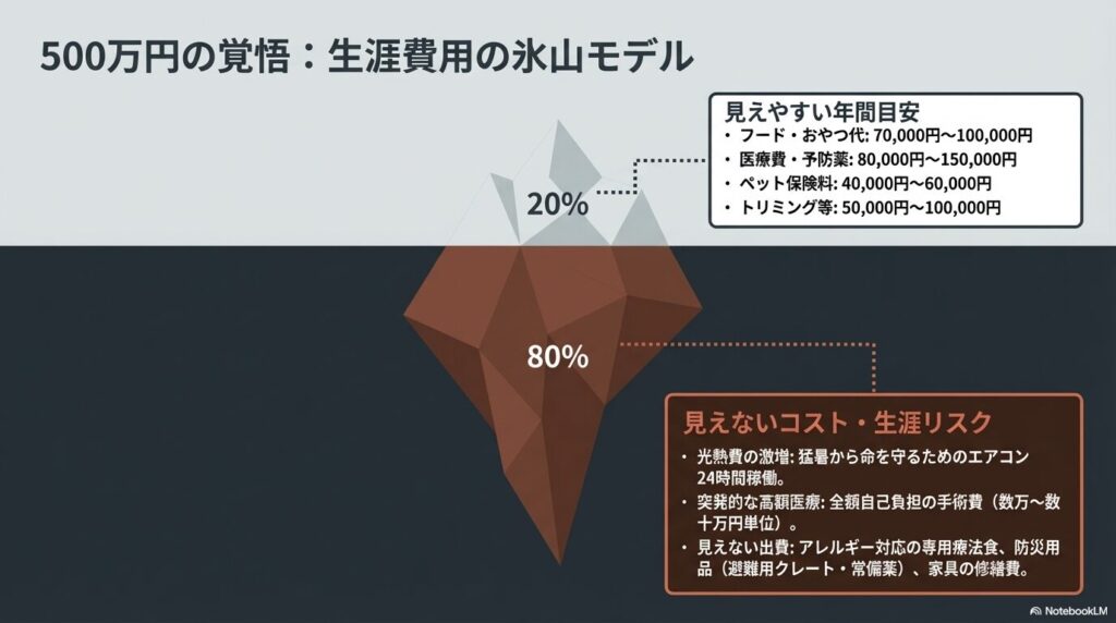 犬の生涯費用の氷山モデル。見えやすい年間目安（フード代など）は全体の20%に過ぎず、見えないコストや生涯リスク（突発的な高額医療や光熱費など）が80%を占めるという図解。