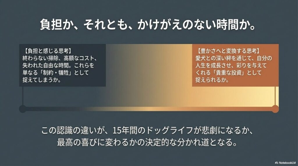 犬のお世話を単なる制約や負担と感じるか、人生を成長させ彩りを与えてくれる貴重な投資として豊かさへと変換できるかの認識の違いについて。