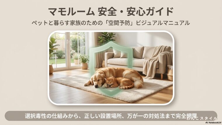 マモルーム安全・安心ガイド。ペットと暮らす家族のための空間予防ビジュアルマニュアルの表紙画像。