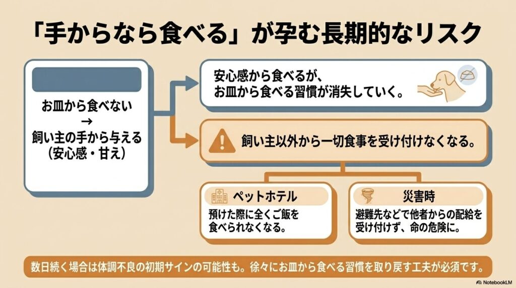 ペットホテルや災害時にお皿から食べられなくなるリスクを説明した図解