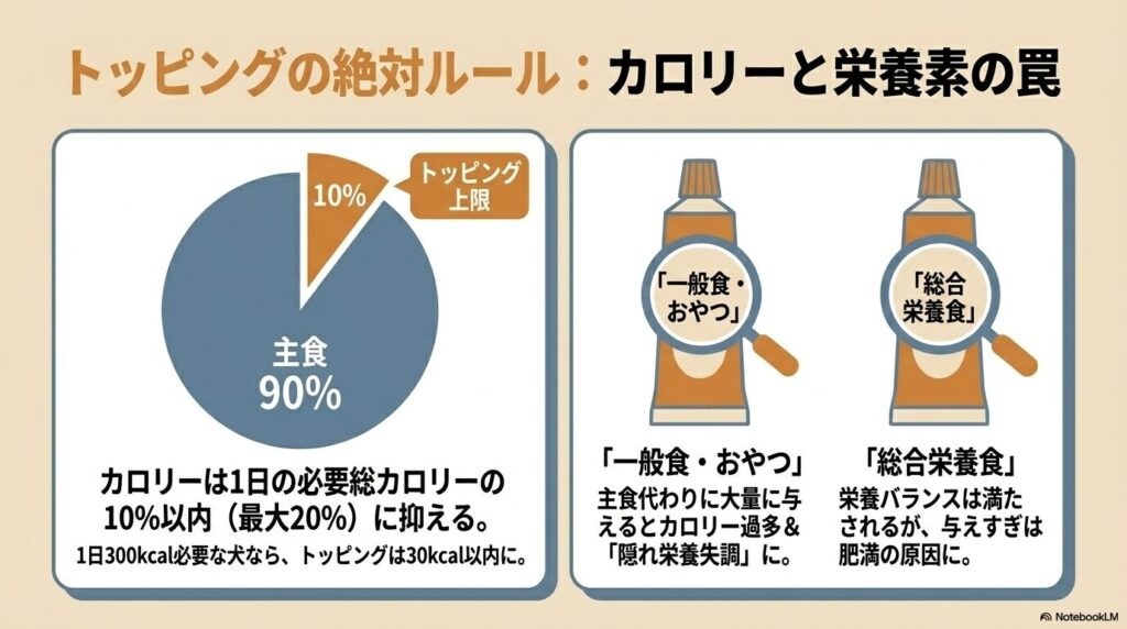 主食90%に対してトッピングの上限が10%であることを示す円グラフ