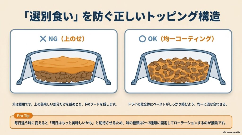 トッピングを上に乗せるだけのNG例と、均一に混ぜ合わせたOK例の比較図