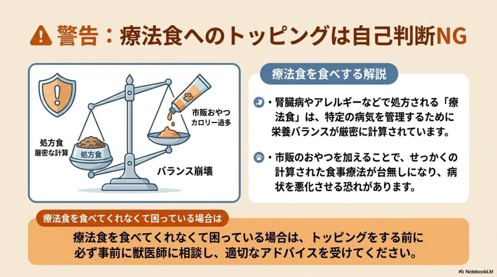 療法食の厳密な計算が市販のおやつによって崩れてしまうことを示す天秤のイラスト