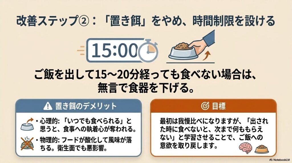 15分から20分で食器を下げる時間制限と置き餌のデメリットを解説した図