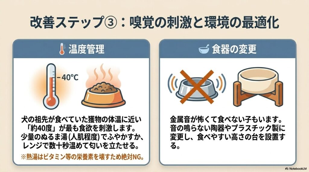 フードを約40度に温める温度管理と、金属製以外の食器への変更を推奨する図解