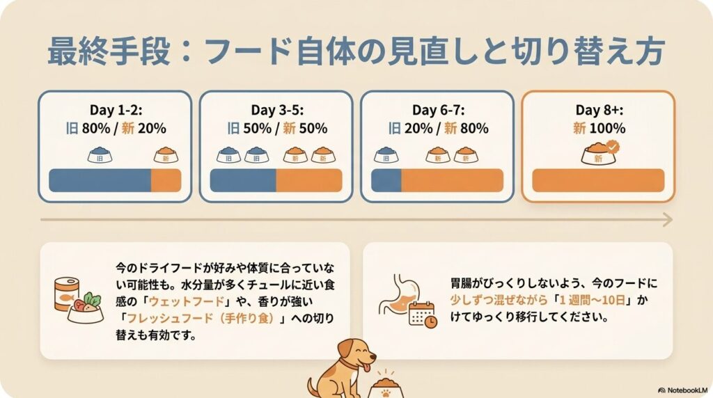 1週間から10日かけて徐々に新しいフードの割合を増やしていく移行スケジュールの図解