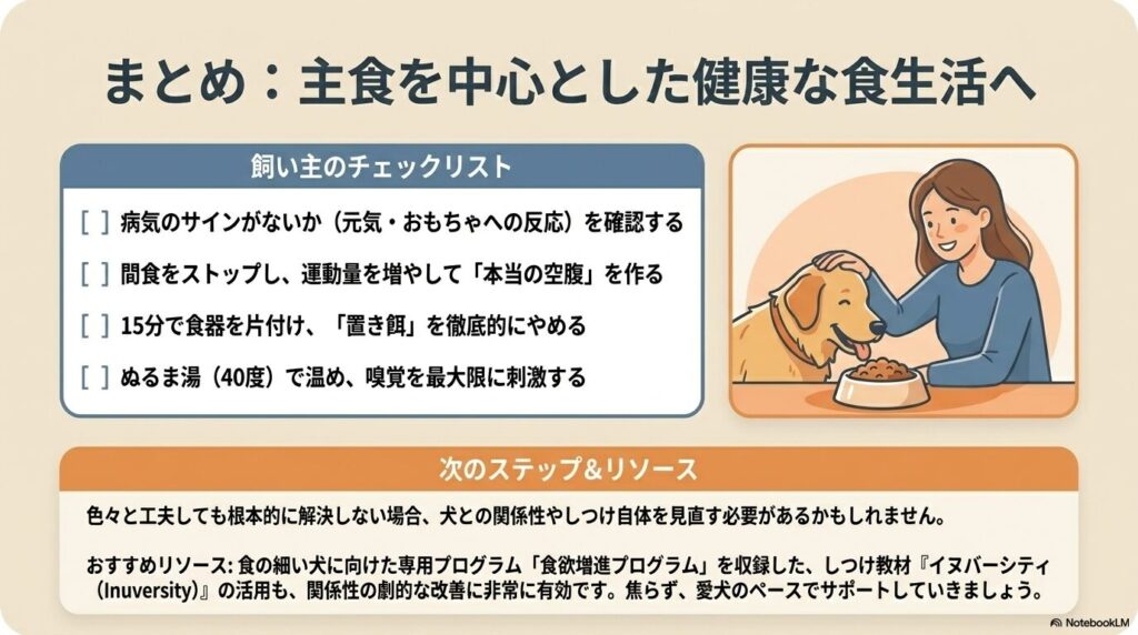 飼い主が確認すべきチェックリストと次のステップをまとめた表