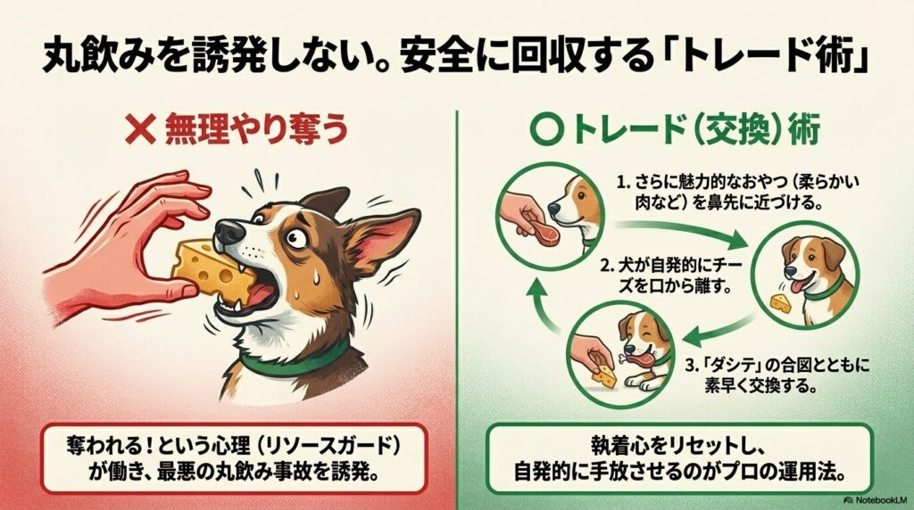 無理やり奪わず、より魅力的なおやつと交換してヒマラヤチーズを安全に回収する犬へのトレード術