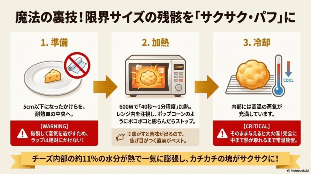 小さくなったヒマラヤチーズを電子レンジで加熱し、安全なサクサクのパフにする手順