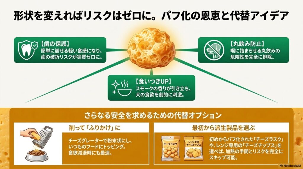 ヒマラヤチーズをパフ化やふりかけ、ラスクなどに形状変更して歯の保護や丸飲みを防止する代替アイデア