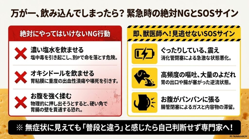 ヒマラヤチーズ誤飲時の絶対NG行動(塩水・オキシドールなど)と、すぐ獣医師へ行くべきSOSサイン