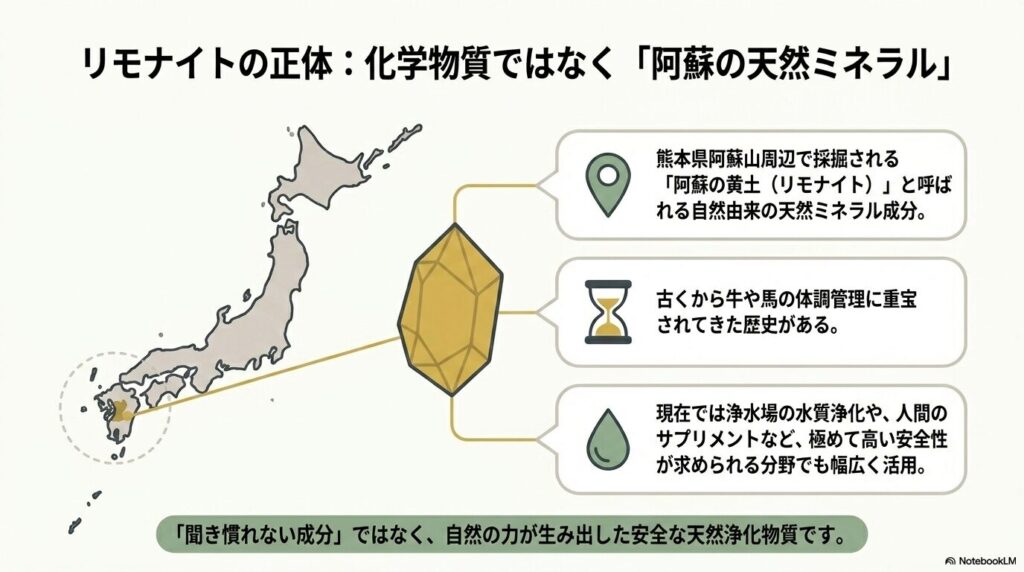 リモナイトの正体は化学物質ではなく、熊本県阿蘇山周辺で採掘される自然由来の天然ミネラル成分。